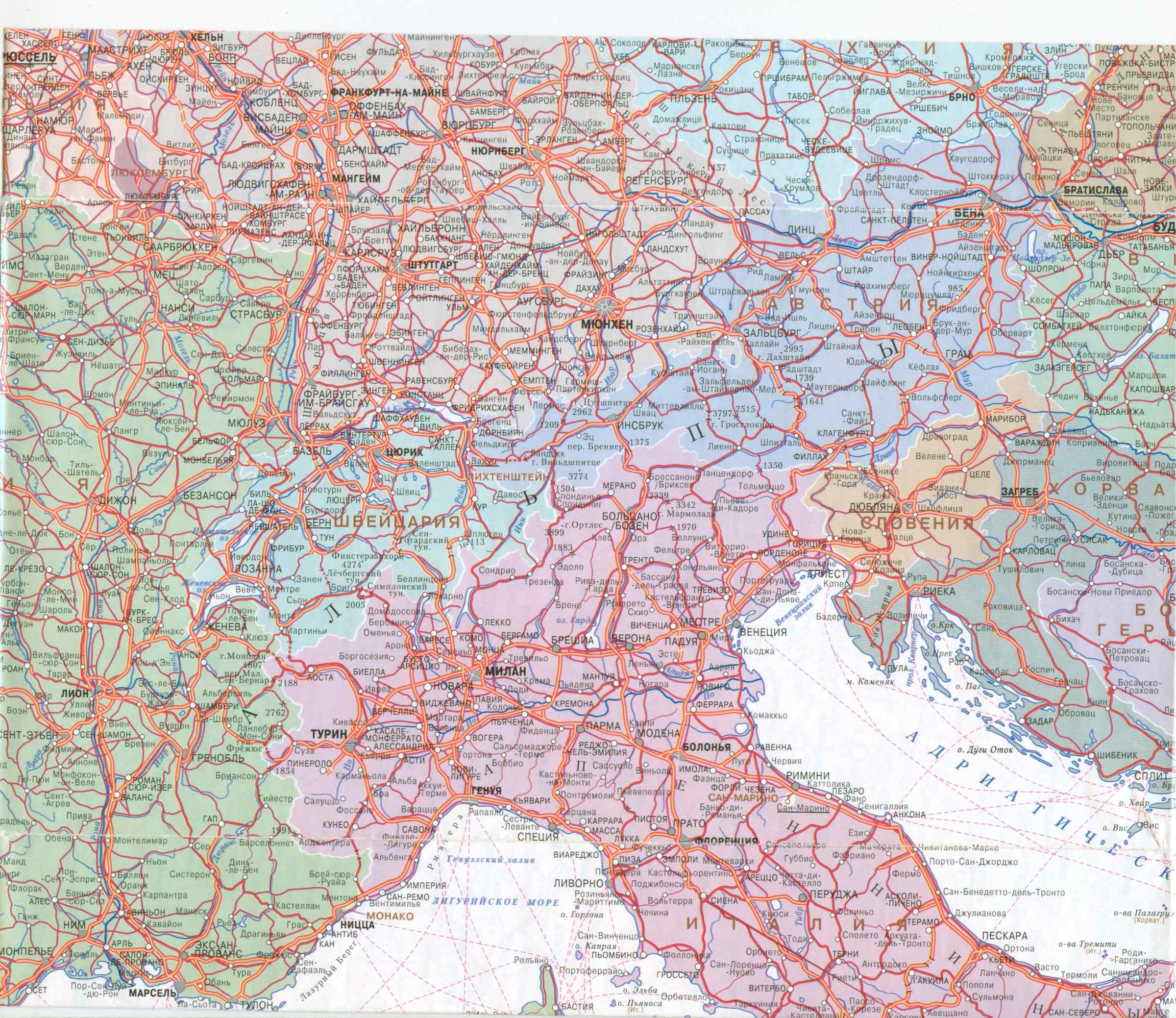  Карта автодорог Европы 1см:45км. Большая подробная карта автодорог Европы на русском языке, B3 - 
