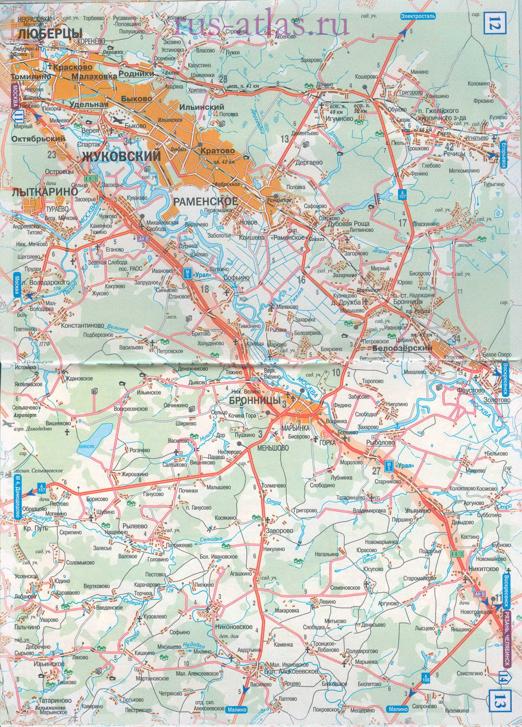 Карта дороги Москва Рязань. Детальная крупномасштабная карта трассы М5 от Москвы до Рязани, A0 - 