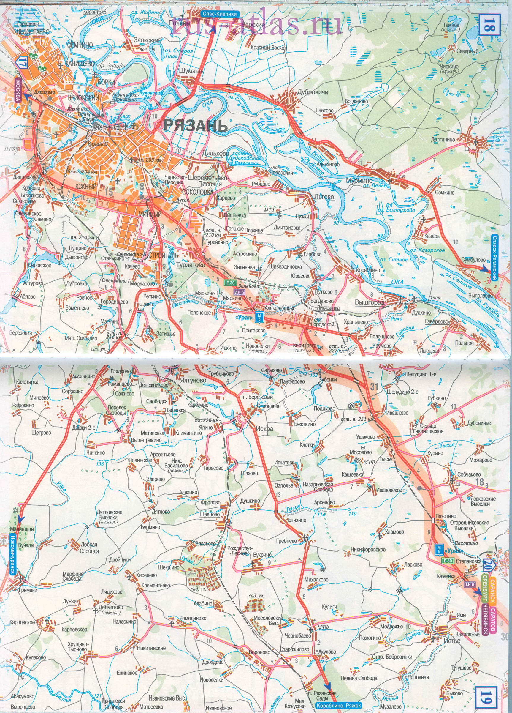 Карта дороги Рязань - Зубова Поляна. Подробная карта автотрассы М5 от Рязани до Зубовой Поляны, A0 - 