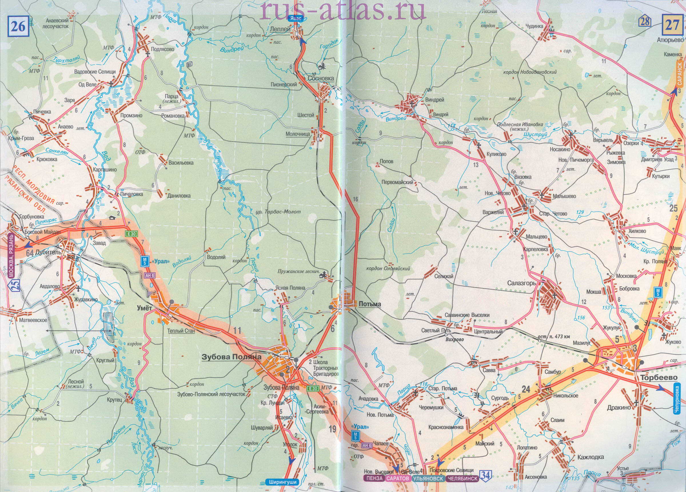 Карта дороги Зубова Поляна - Пенза. Детальнальная карта автомобильной магистрали М5 УРАЛ от Зубовой Поляны до г Пенза, A0 - 