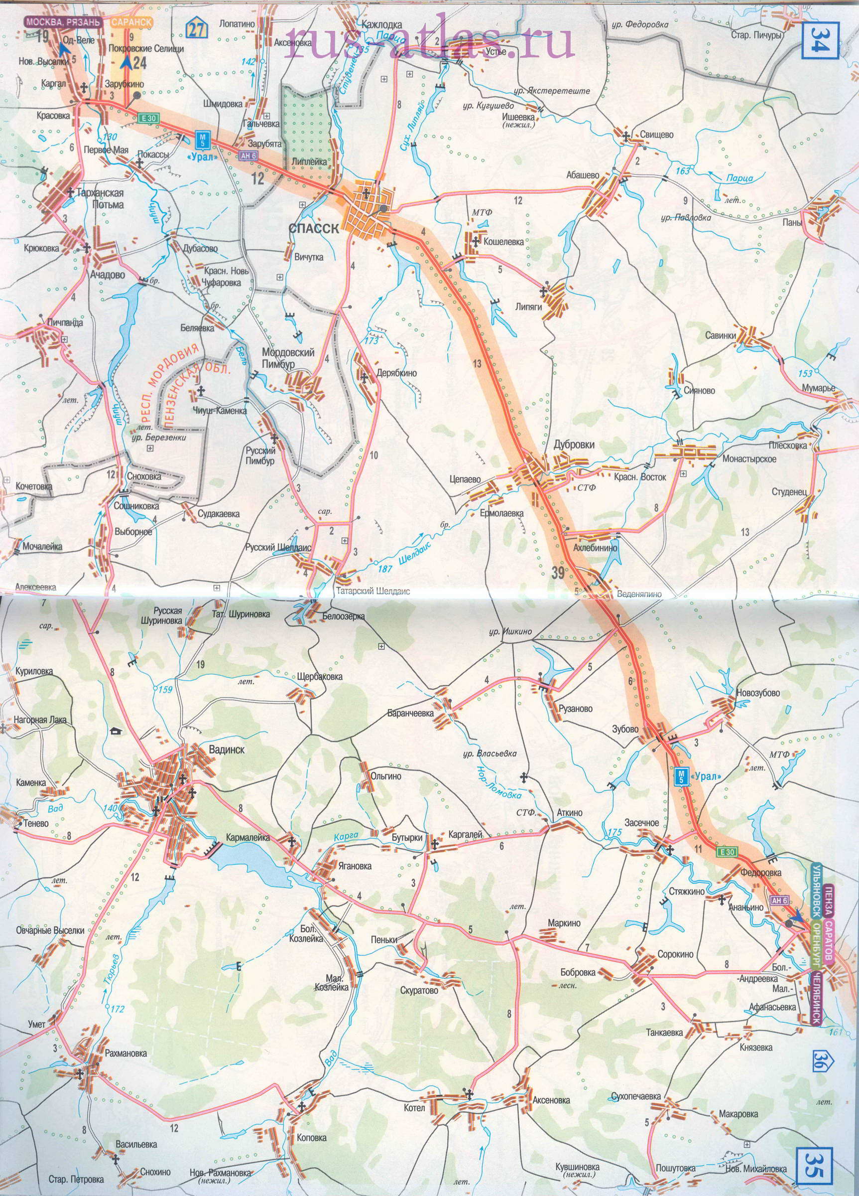 Карта дороги Зубова Поляна - Пенза. Детальнальная карта автомобильной магистрали М5 УРАЛ от Зубовой Поляны до г Пенза, B0 - 