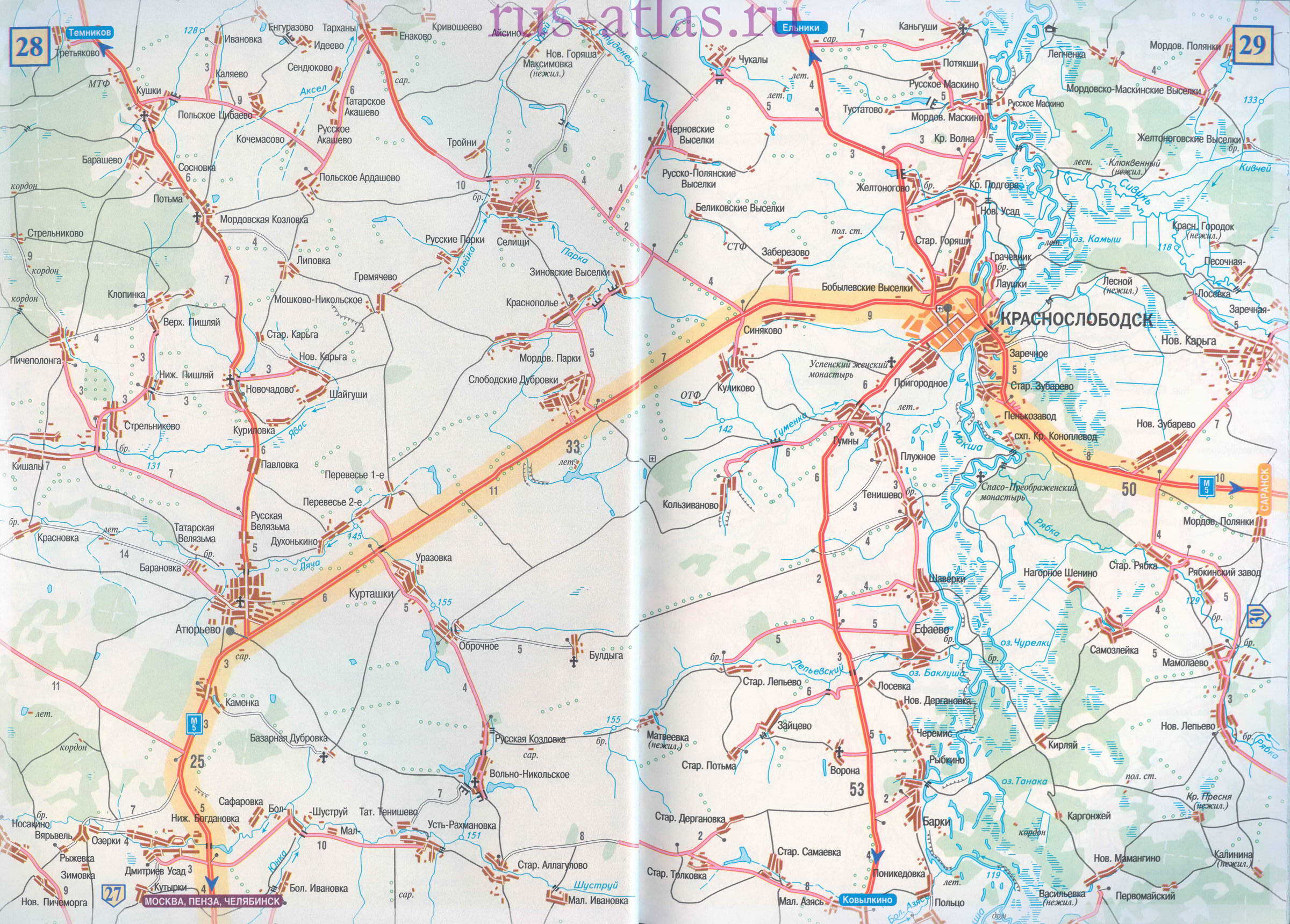 Карта дороги Зубова Поляна - Саранск. Крупномасштабная карта подъезда к Саранску от федеральной трассы М5 УРАЛ , B0 - 