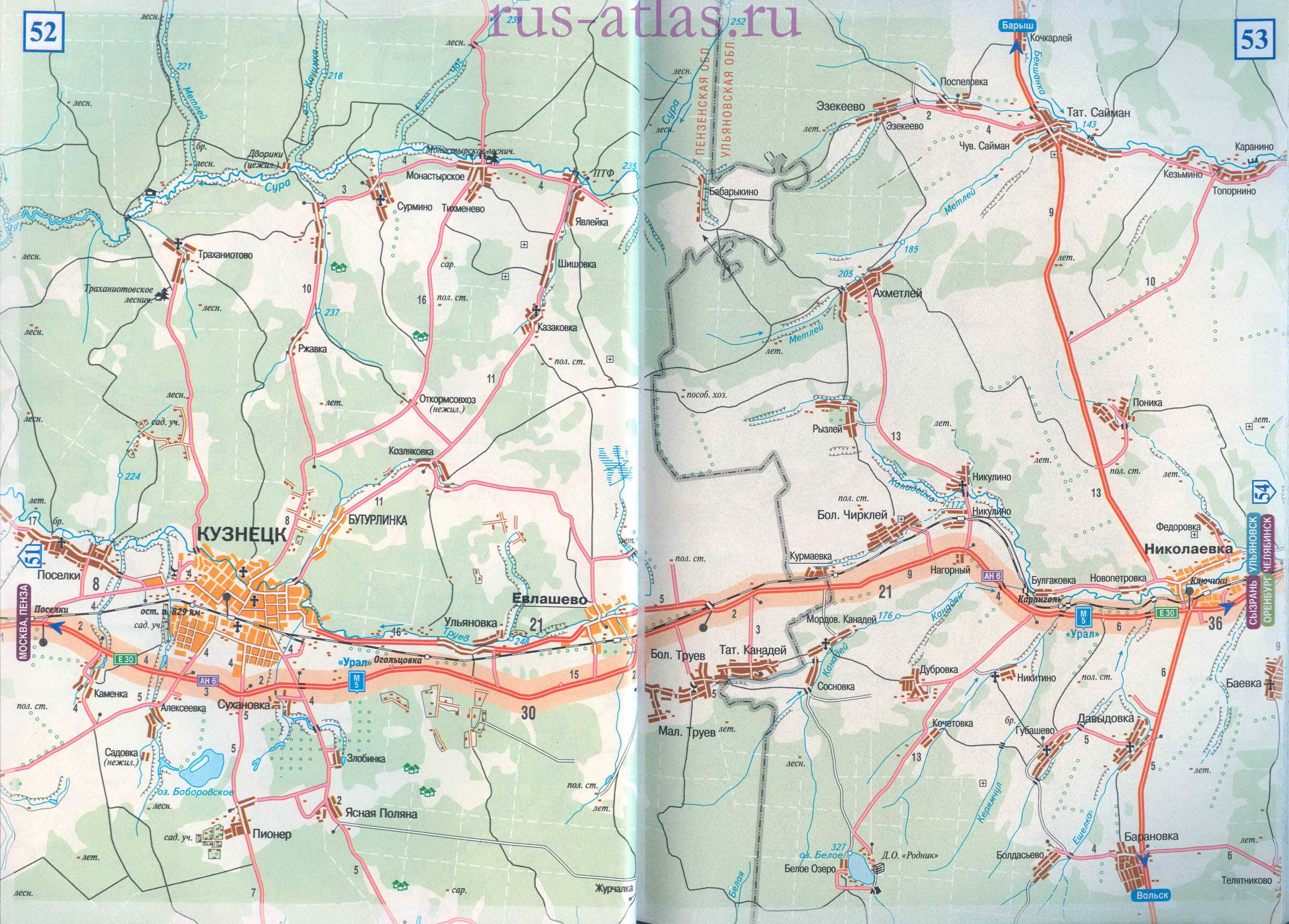 Карта дороги Пенза-Сызрань. Детальная автомобильная карта магистрали М5 от Пензы до Сызрани, C0 - 