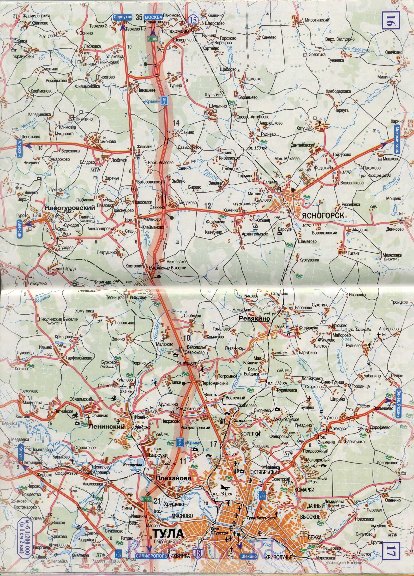 Карта Москва Тула. Подробная карта автомобильной трассы М2 от Москвы до Тулы - масштаб 1см:2км, A3 - 