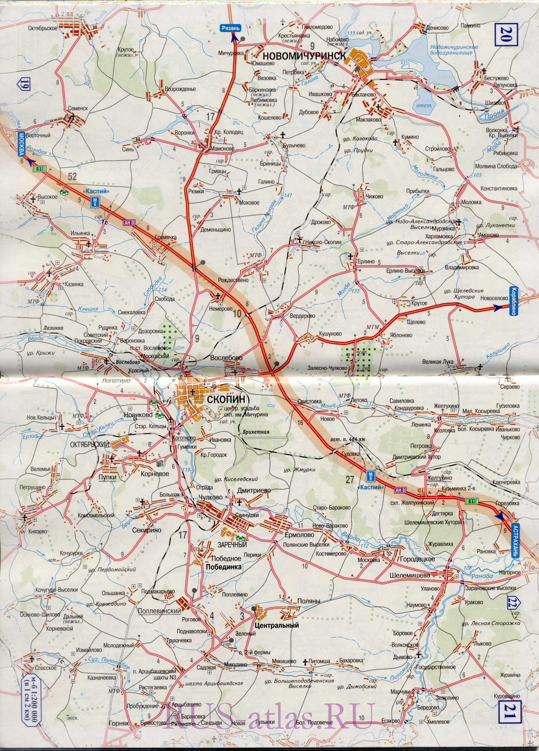 Карта дороги Михайлов-Тамбов. Подробная крупномасштабная карта автомобильной трассы М6 на участке от Михайлова до Тамбова, B0 - 