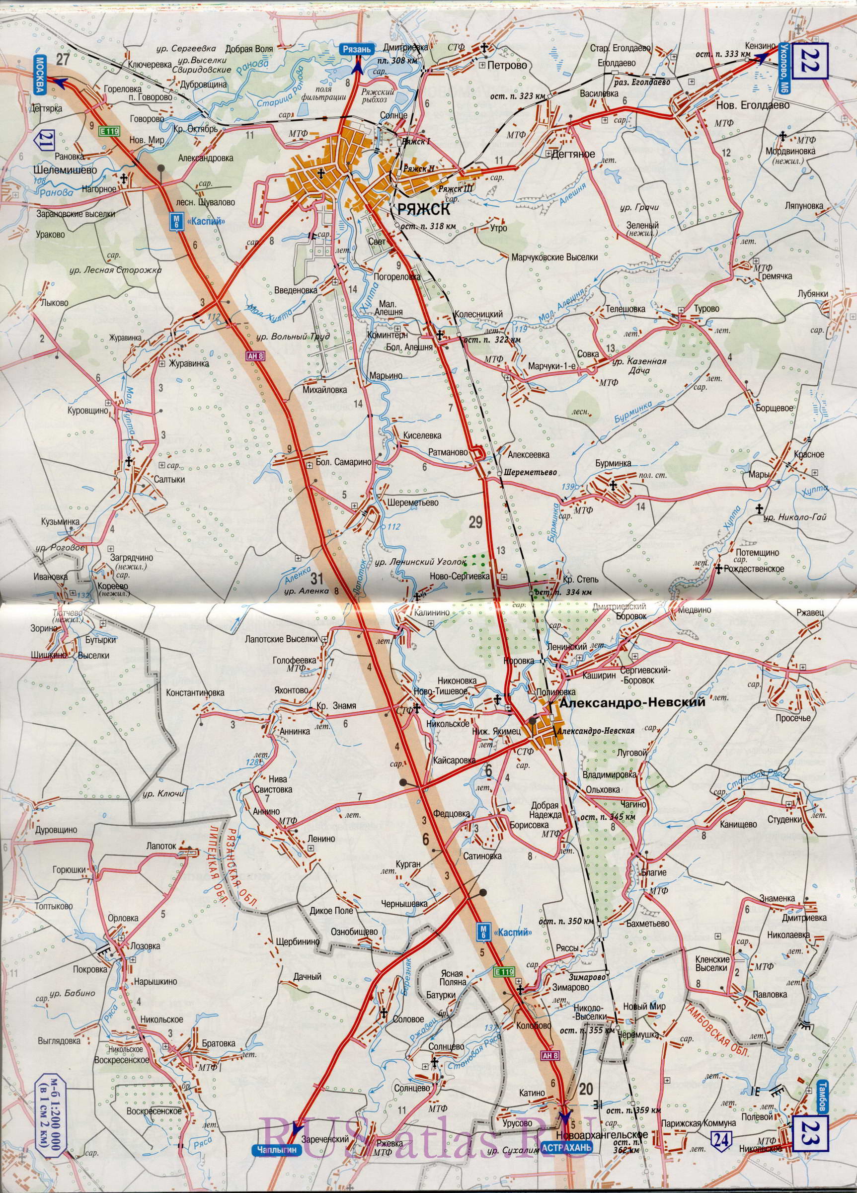 Карта дороги Михайлов-Тамбов. Подробная крупномасштабная карта автомобильной трассы М6 на участке от Михайлова до Тамбова, C0 - 