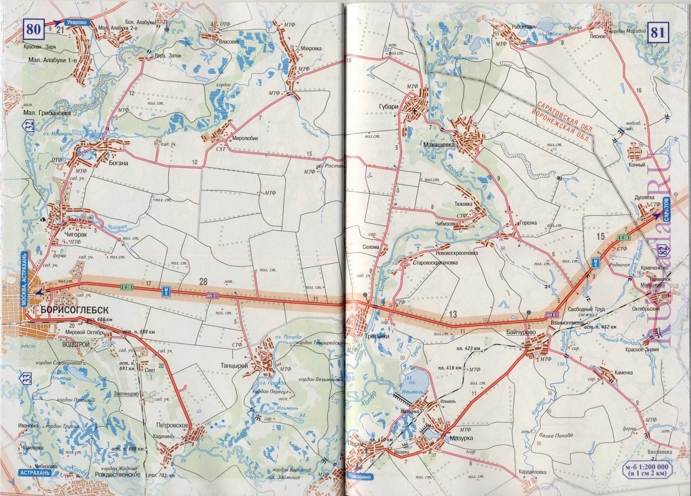 Карта дороги Борисоглебск-Саратов М6 Е38. Детальная карта схема автодороги М6 Е38 от г Борисоглебск до г Саратов, A0 - 