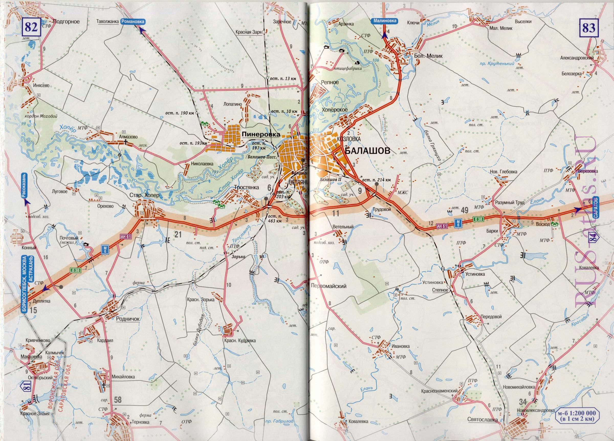 Карта дороги Борисоглебск-Саратов М6 Е38. Детальная карта схема автодороги М6 Е38 от г Борисоглебск до г Саратов, B0 - 
