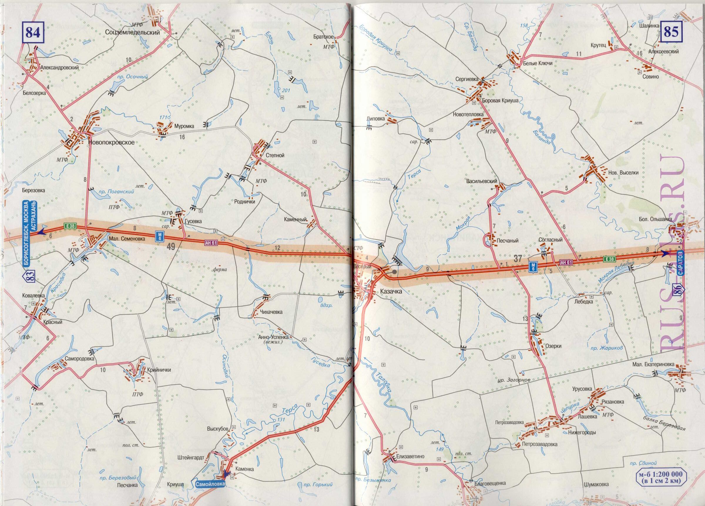 Карта дороги Борисоглебск-Саратов М6 Е38. Детальная карта схема автодороги М6 Е38 от г Борисоглебск до г Саратов, C0 - 