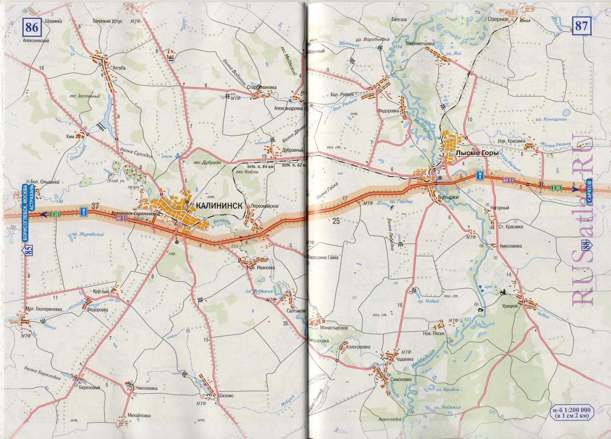 Карта дороги Борисоглебск-Саратов М6 Е38. Детальная карта схема автодороги М6 Е38 от г Борисоглебск до г Саратов, D0 - 