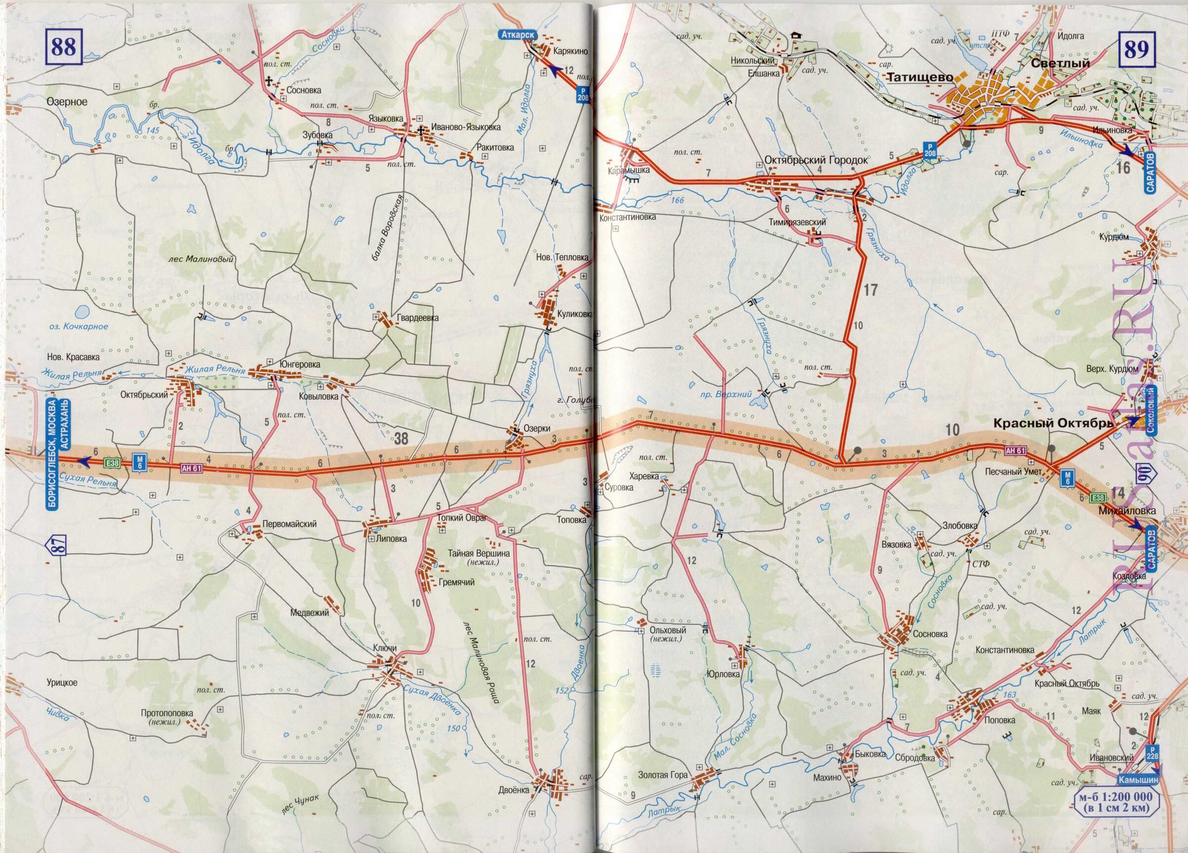 Карта дороги Борисоглебск-Саратов М6 Е38. Детальная карта схема автодороги М6 Е38 от г Борисоглебск до г Саратов, E0 - 