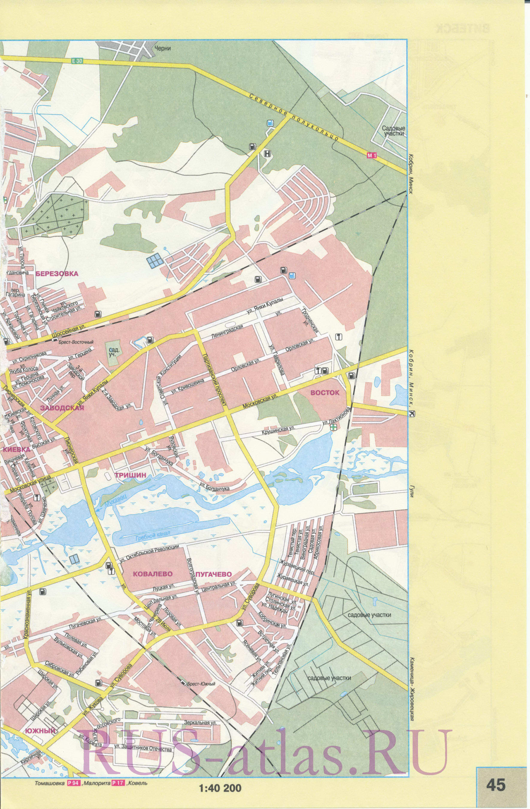 Карта Бреста. Детальная крупномасштабная карта города Брест с названиями улиц и достопримечательностями, B0 - 