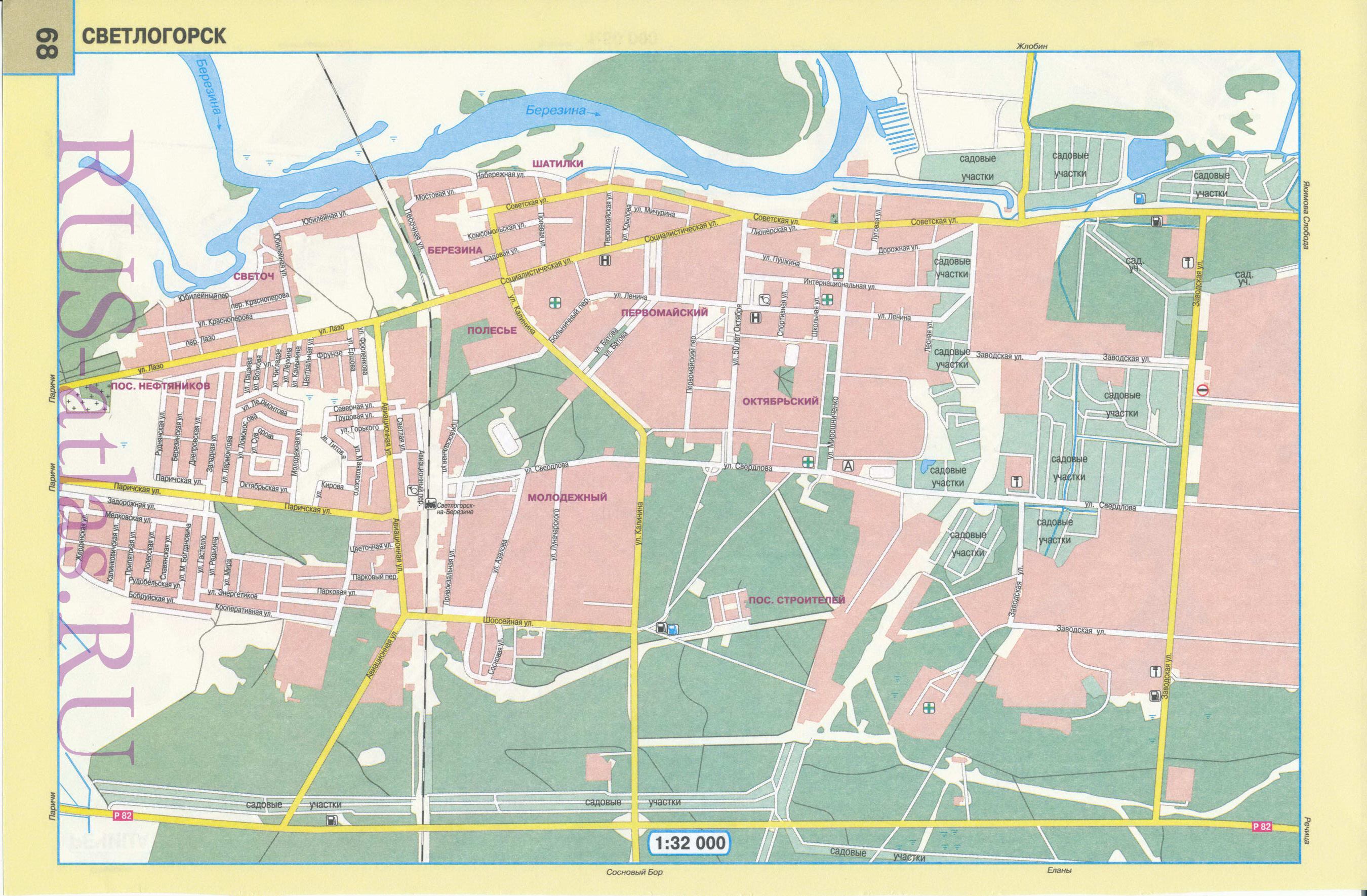 Карта Светлогорска. Подробная карта города Светлогорск с достопримечательностями, A0 - 