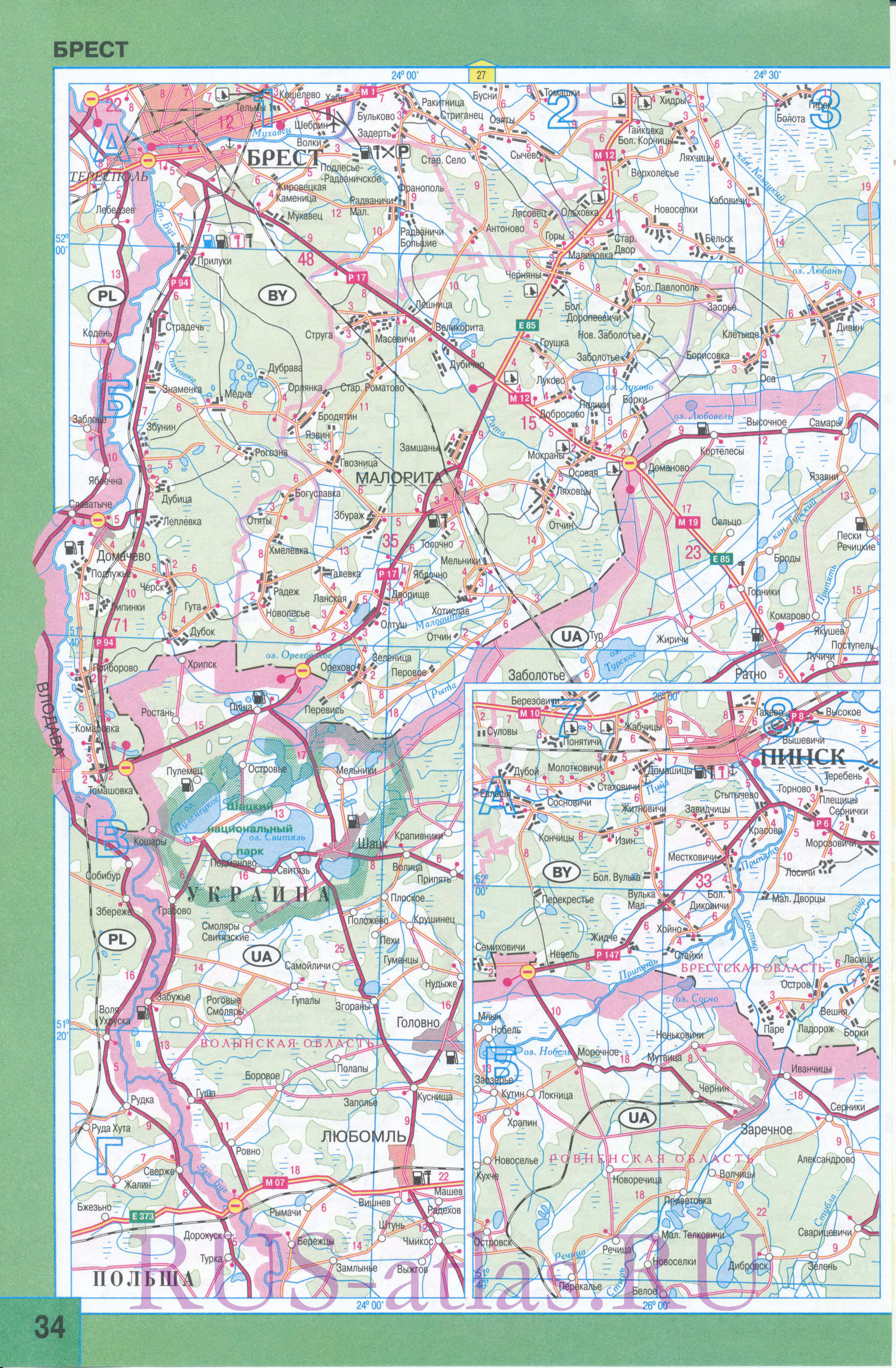 Карта Брестской области. Подробная карта Брестской области с городами и дорогами. Площадь Брестской обл 32800 кв км, население 1433100 человек, A1 - 