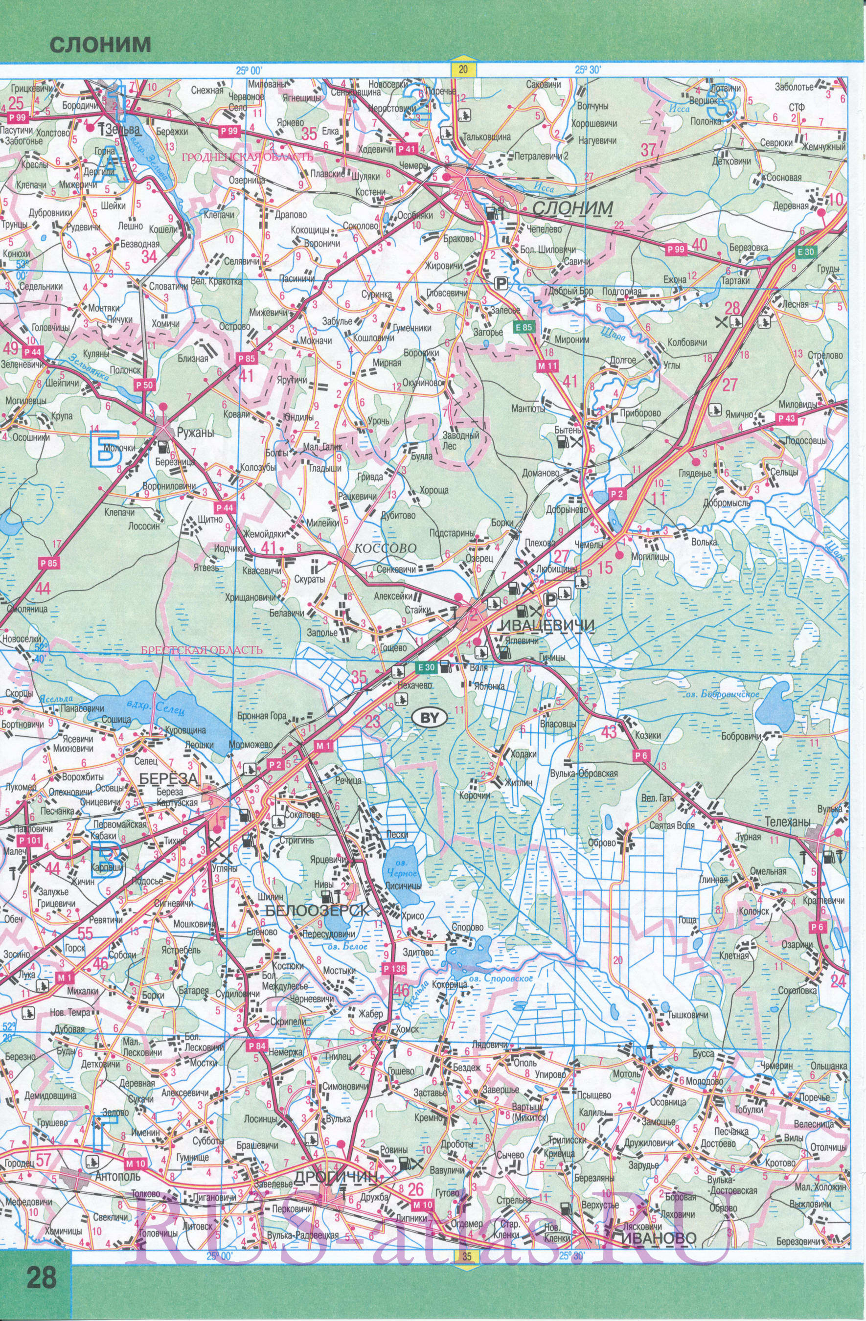 Карта Брестской области. Подробная карта Брестской области с городами и дорогами. Площадь Брестской обл 32800 кв км, население 1433100 человек, B0 - 