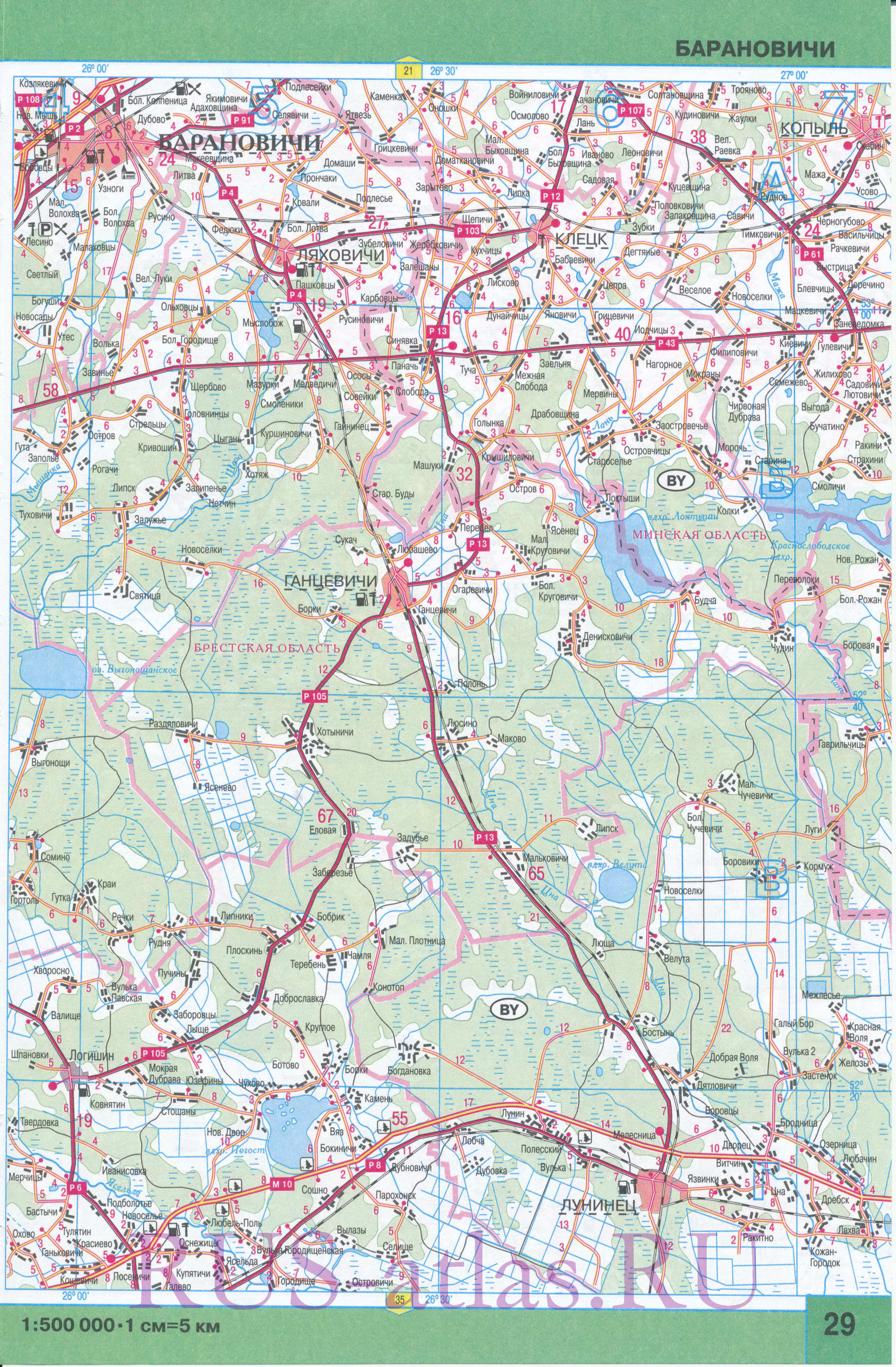 Карта Брестской области. Подробная карта Брестской области с городами и дорогами. Площадь Брестской обл 32800 кв км, население 1433100 человек, C0 - 