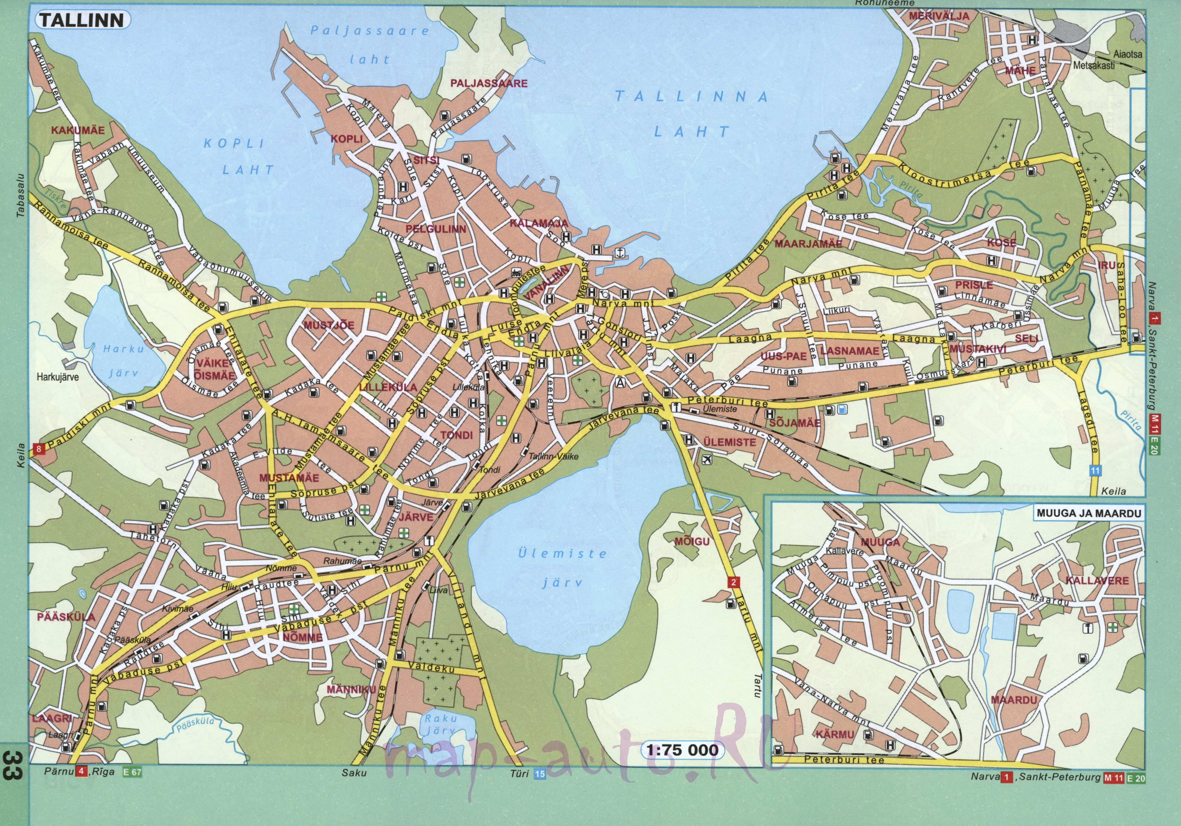 Эстония, карта Таллина. Автомобильная карта Таллина. Подробная четкая карта Таллина на нерусском языке, A0 - 