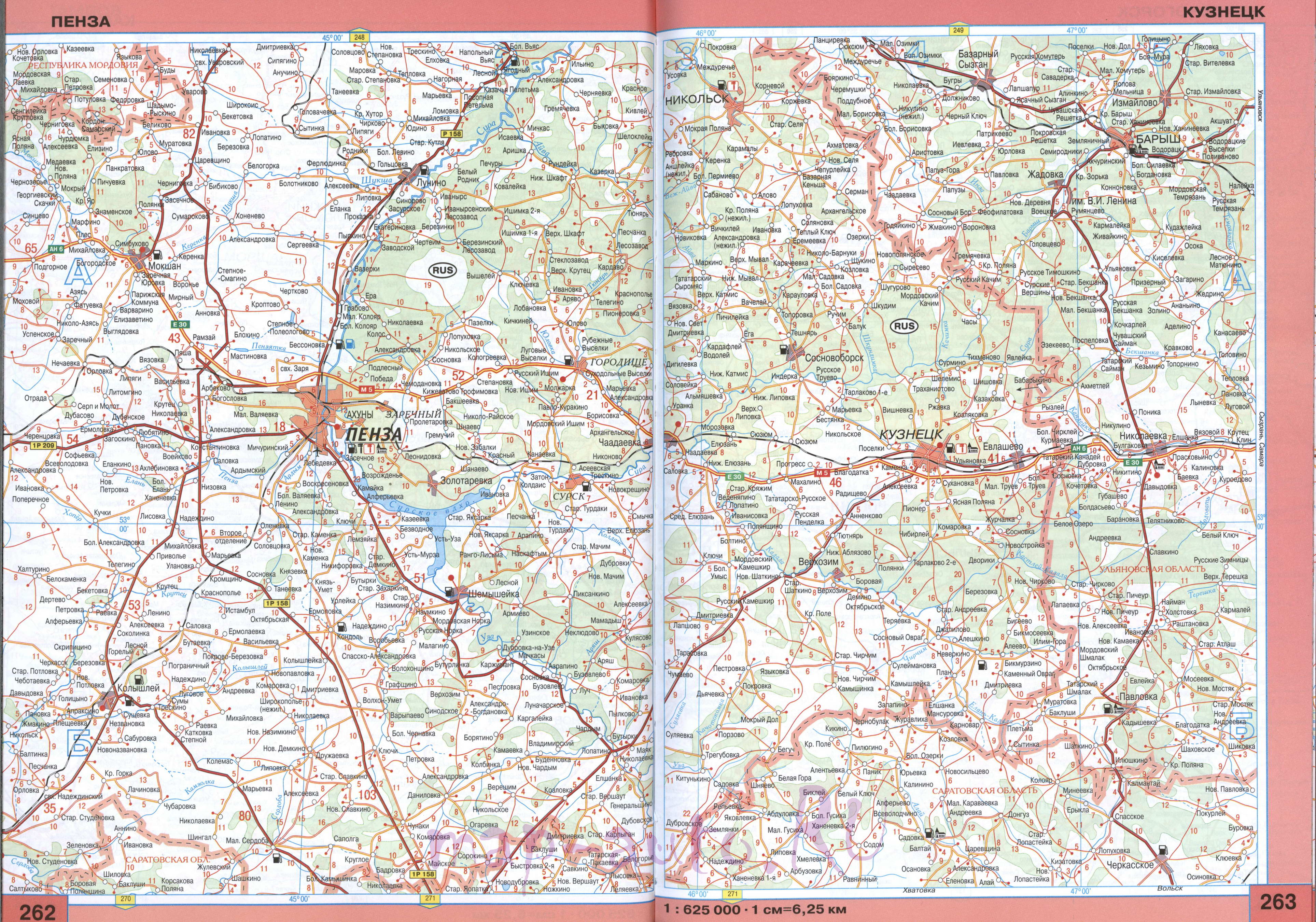 Карта Пензенской области. Подробная карта дорог Пензенской области. Крупномасштабная карта автодорог 1см:6,25км - Пензенская область, B0 - 