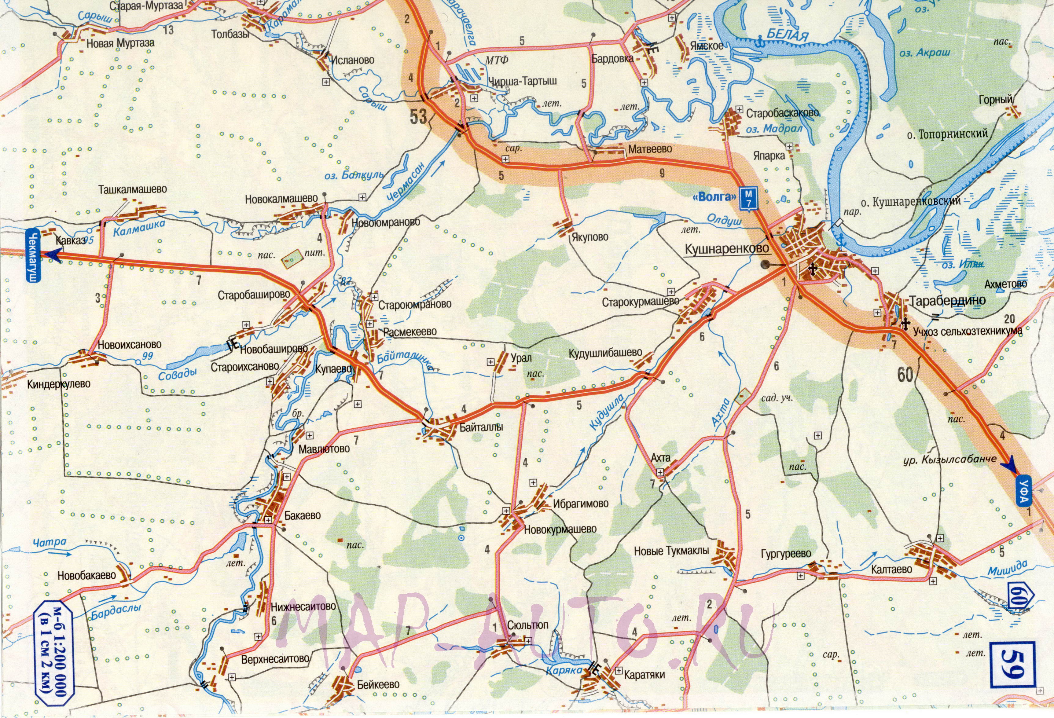 Карта дороги Дюртили - Уфа. Подробная крупномасштабная карта автомобильной дороги Дюртили - Уфа , A1 - 