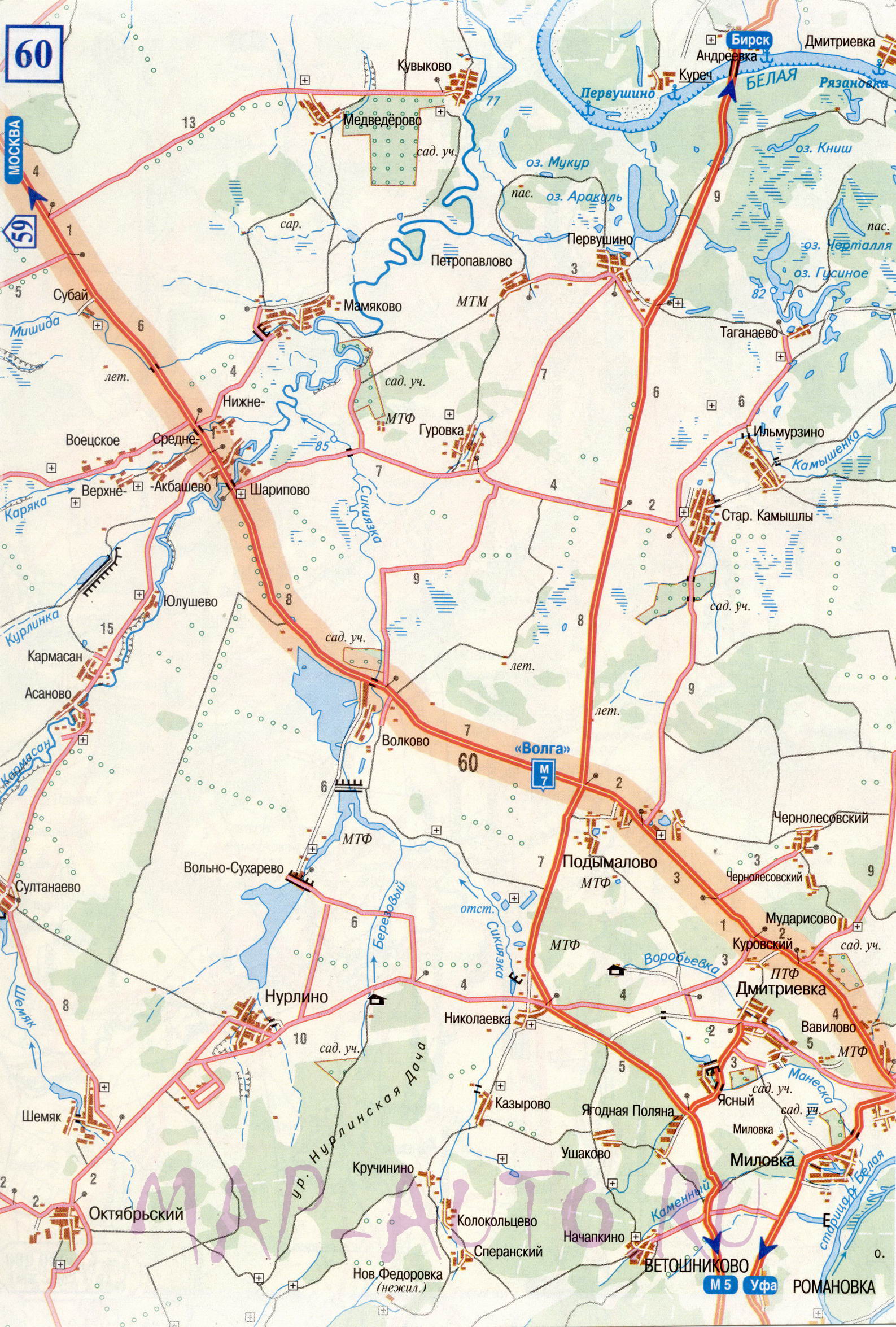 Карта дороги Дюртили - Уфа. Подробная крупномасштабная карта автомобильной дороги Дюртили - Уфа , B1 - 