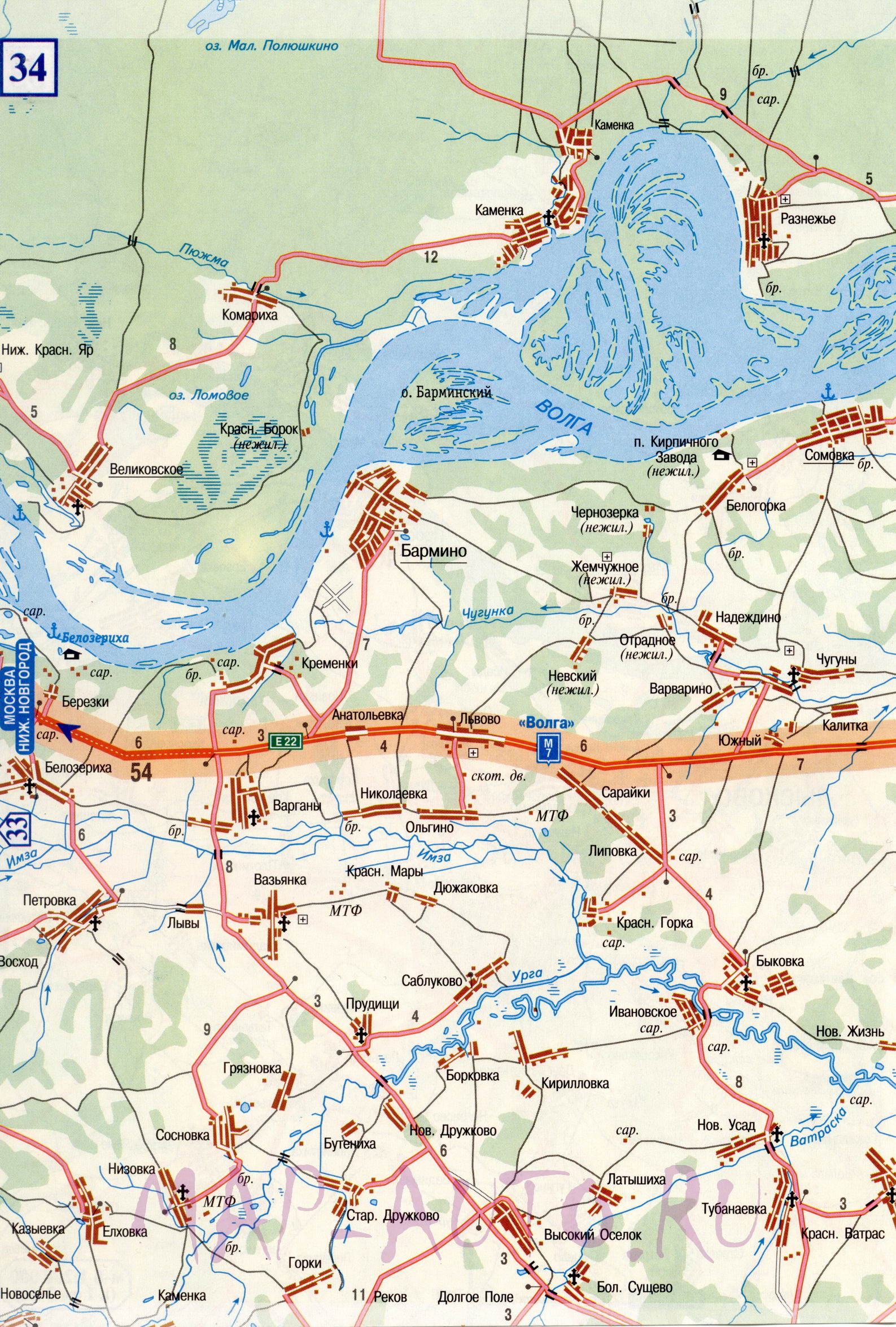 Карта дороги Нижний Новгород - Чебоксары. Подробная карта авто дороги Нижний Новгород - Чебоксары (отрезок трассы М7 ВОЛГА), D0 - 