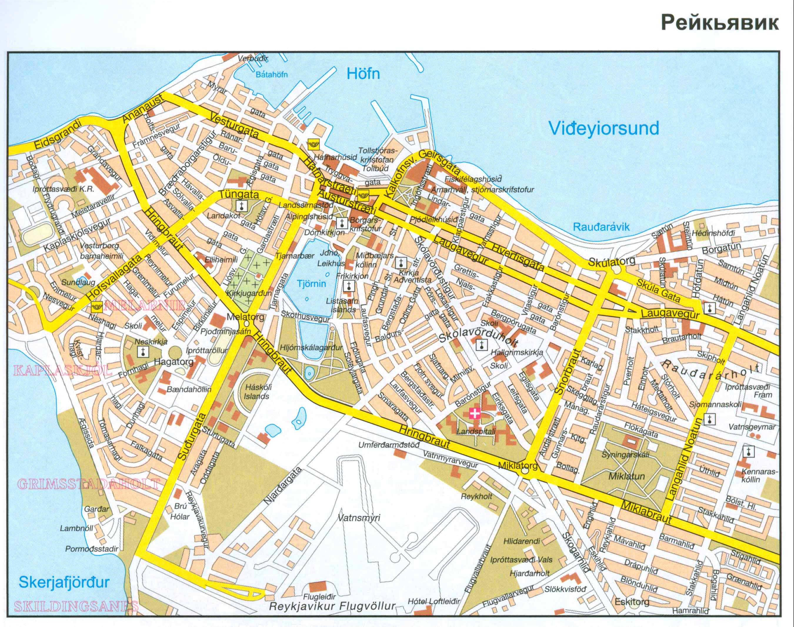 Исландия, карта Рейкьявика. Крупномасштабная карта улиц центра Рейкьявика. Скачать бесплатно, A0 - 