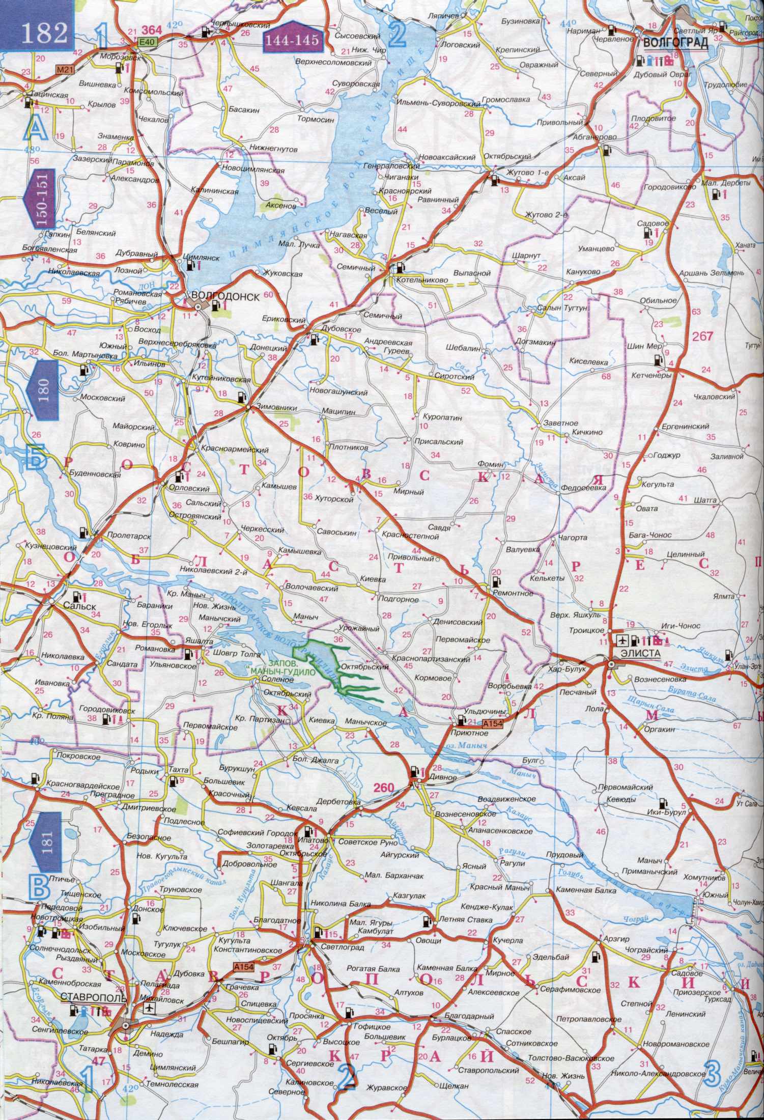 Карта Ставропольского края и Калмыкии. Карта автомобильных дорог - Ставропольский край, Дагестан, Калмыкия. Скачать бесплатно подробную карту , A0 - 