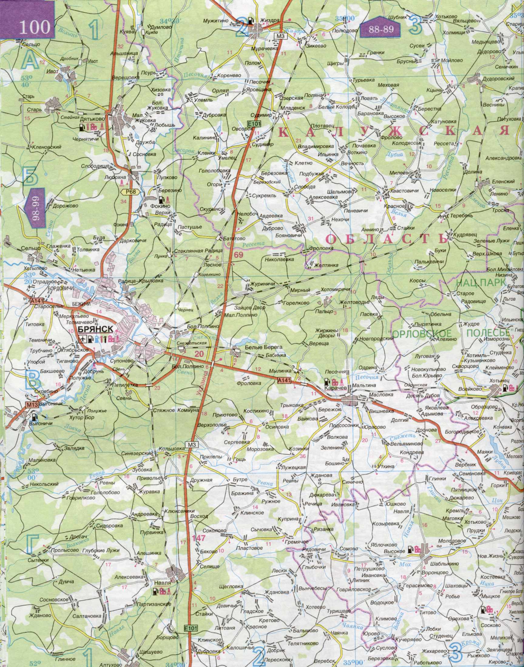 Карта Тульской области. Подробная карта масштаба 1см-5км - автомобильные дороги Тульской области России, A1 - 