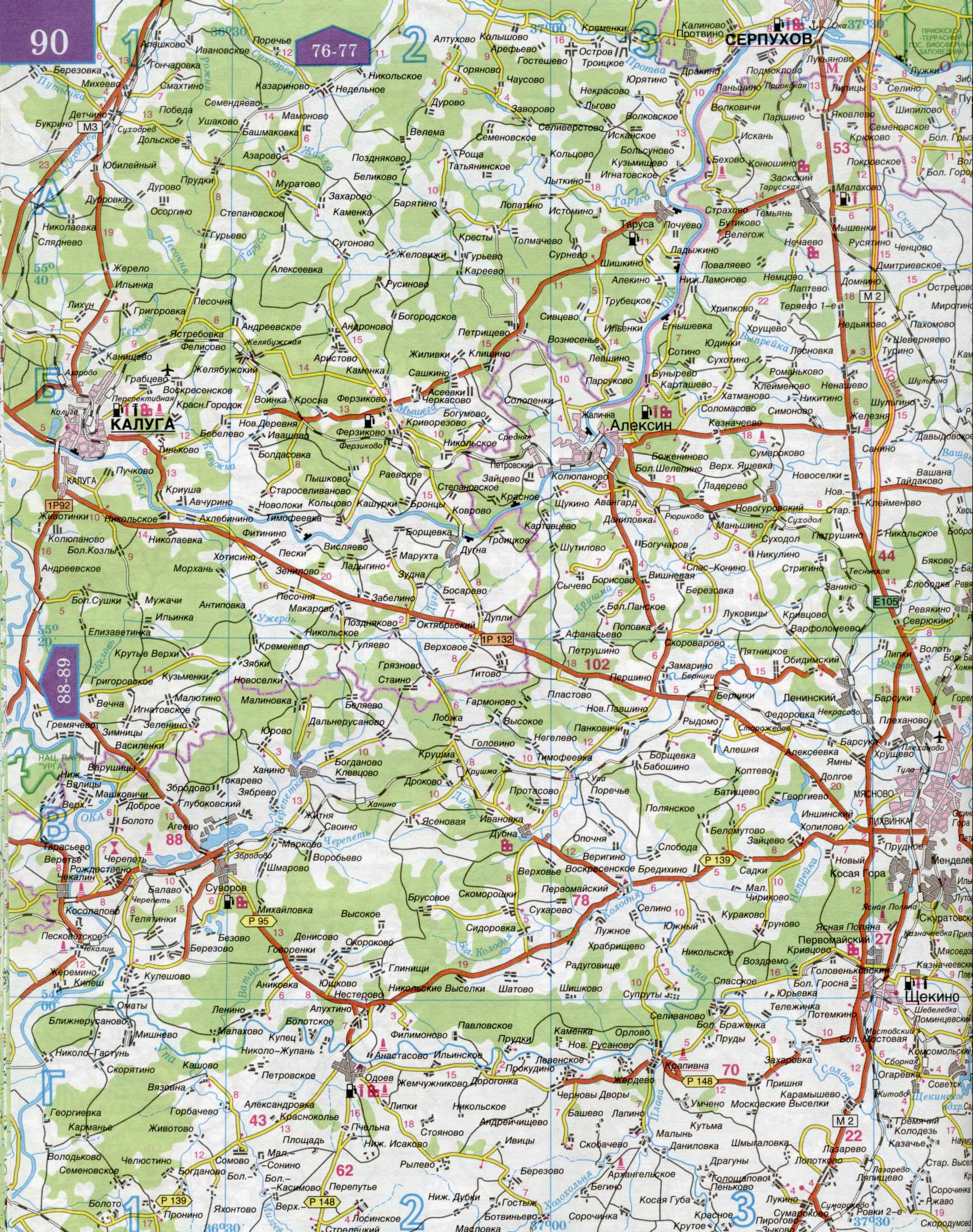 Карта Тульской области. Подробная карта масштаба 1см-5км - автомобильные дороги Тульской области России, B0 - 