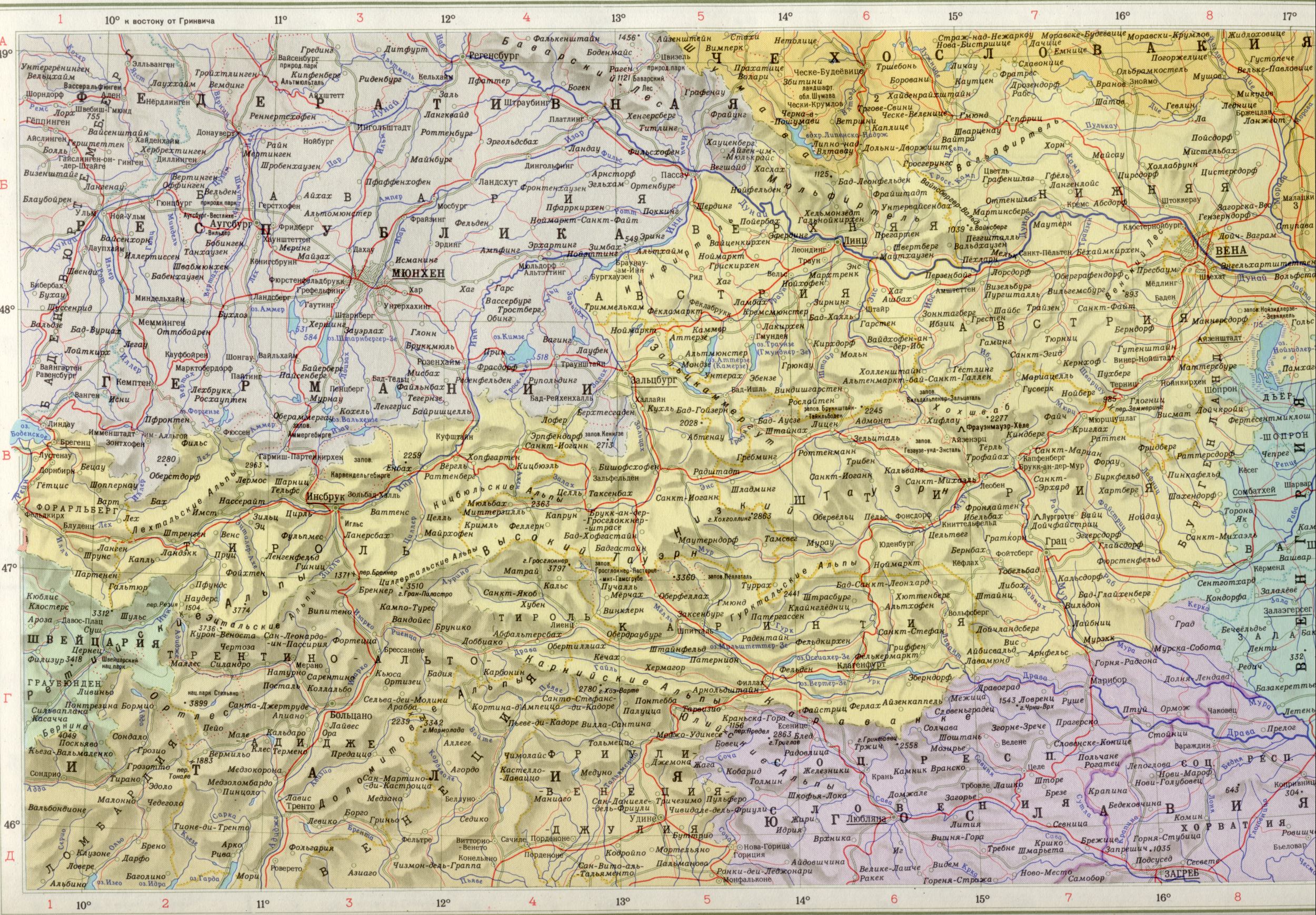 Австрия - политическая карта. Подробная крупномасштабная карта Австрии, Западная Европа, A0 - 
