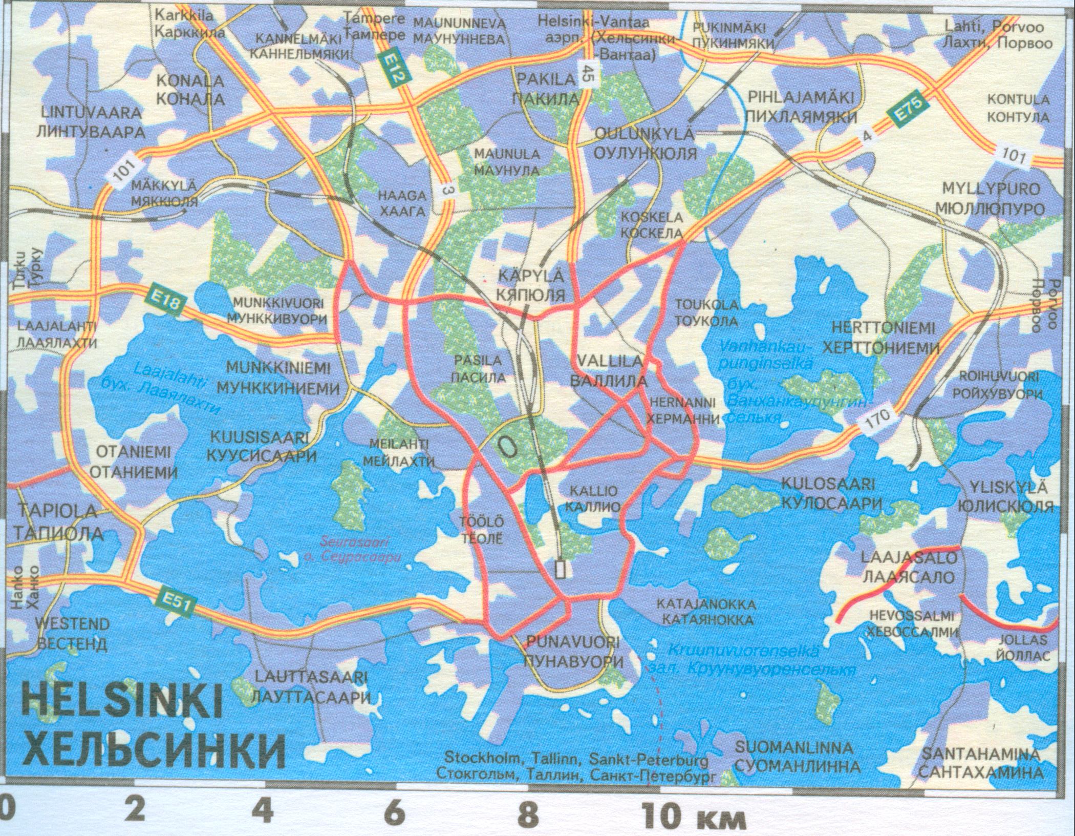 Финляндия, автомобильная карта Хельсинки. Карта автомобильных дорог Хельсинки, транспортный план города Хельсинки - скоростные трассы, железные дороги, A0 - 