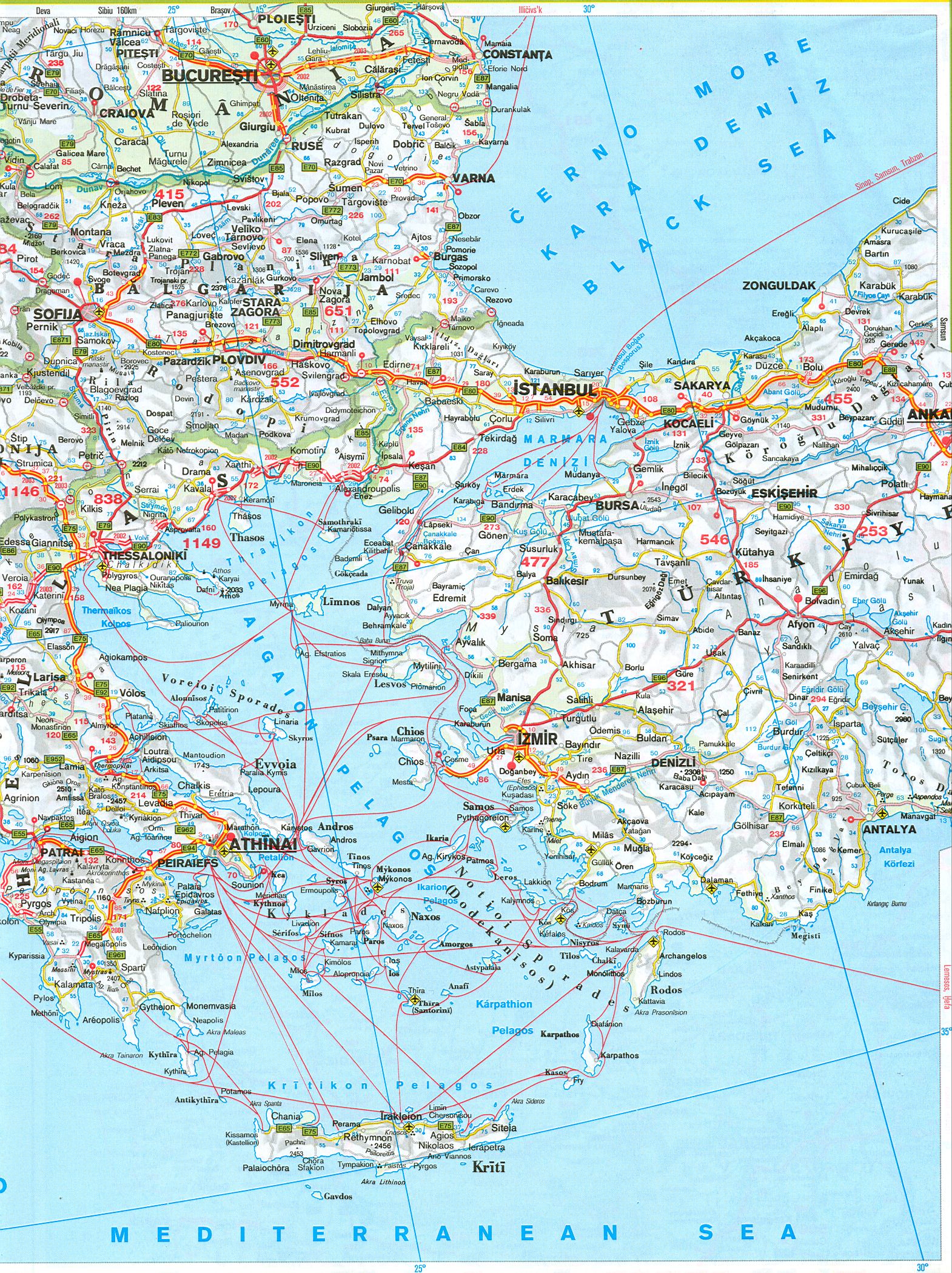 Греция на автомобильной карте. Греция, Болгария, Турция - карта автомобильных дорог масштаба 1см:45км на английском языке. Скачать бесплатно, B0 - 