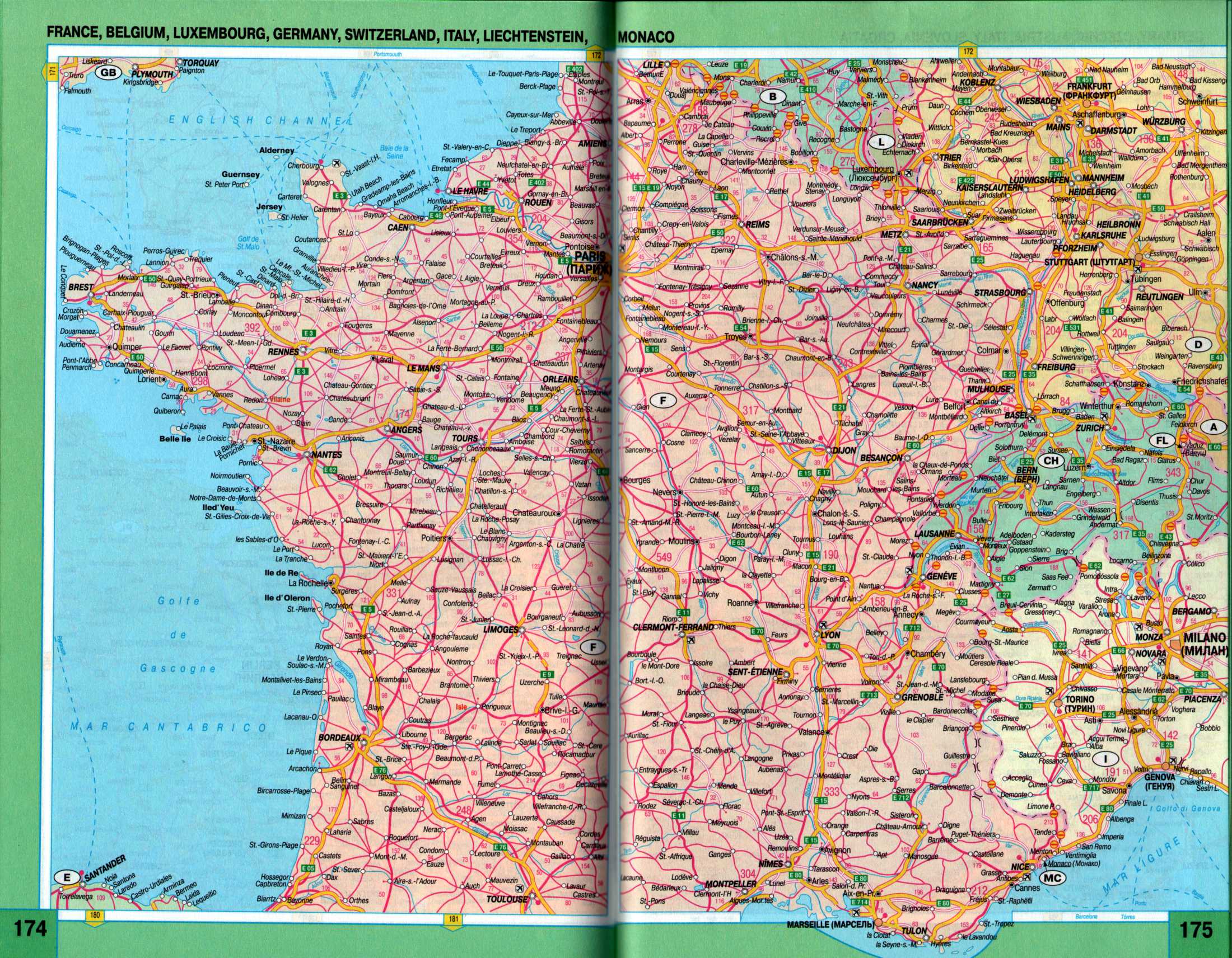 Франция карта схема дорог. Подробная карта схема автомобильных дорог Франции, Швейцарии, Бельгии из атласа Западной Европы 2009 года, A0 - 