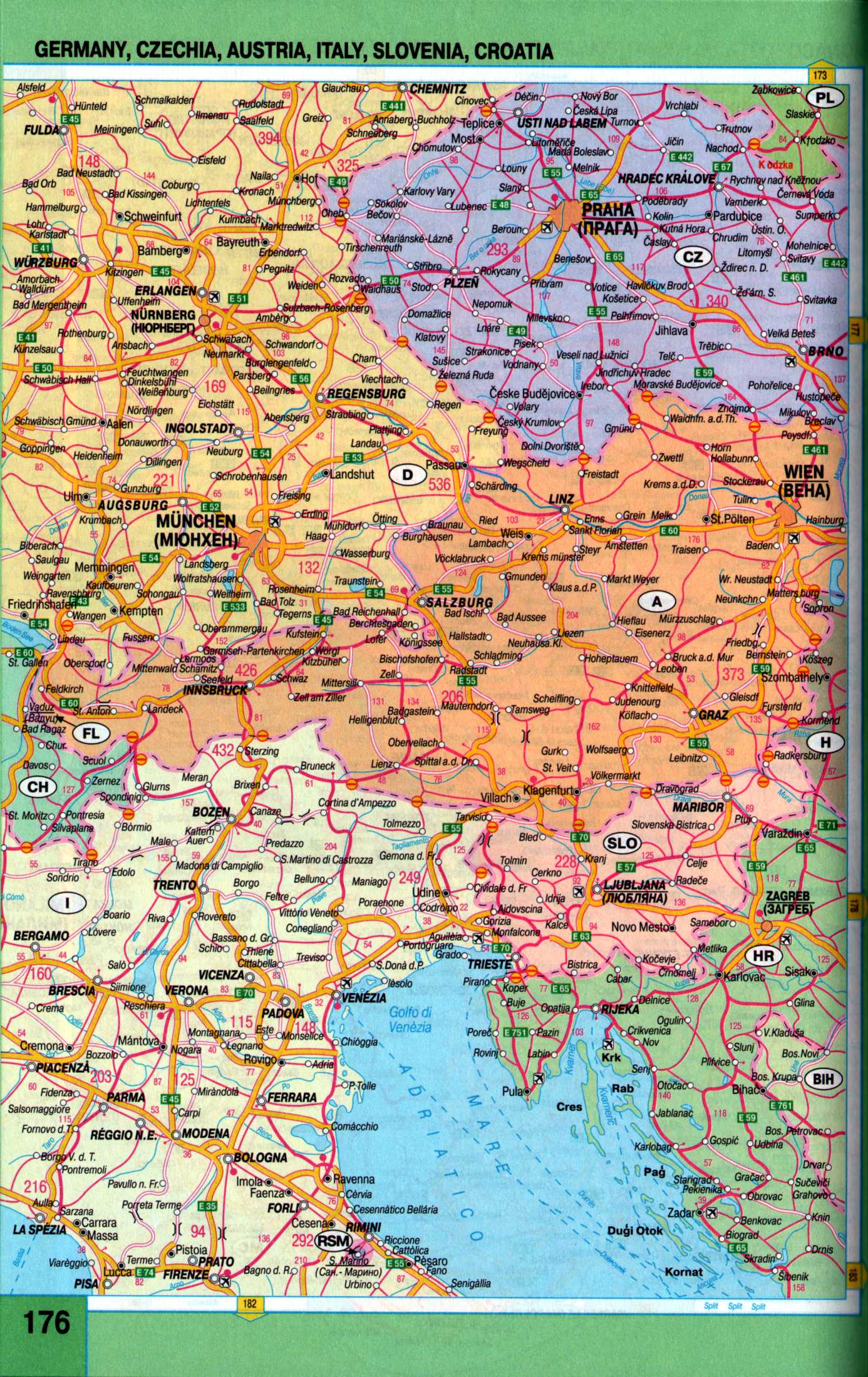 Австрия - карта авто дорог. Автомобильная карта Австрии, Чехии, Словении из авто атласа Европы 2009 года, A0 - 