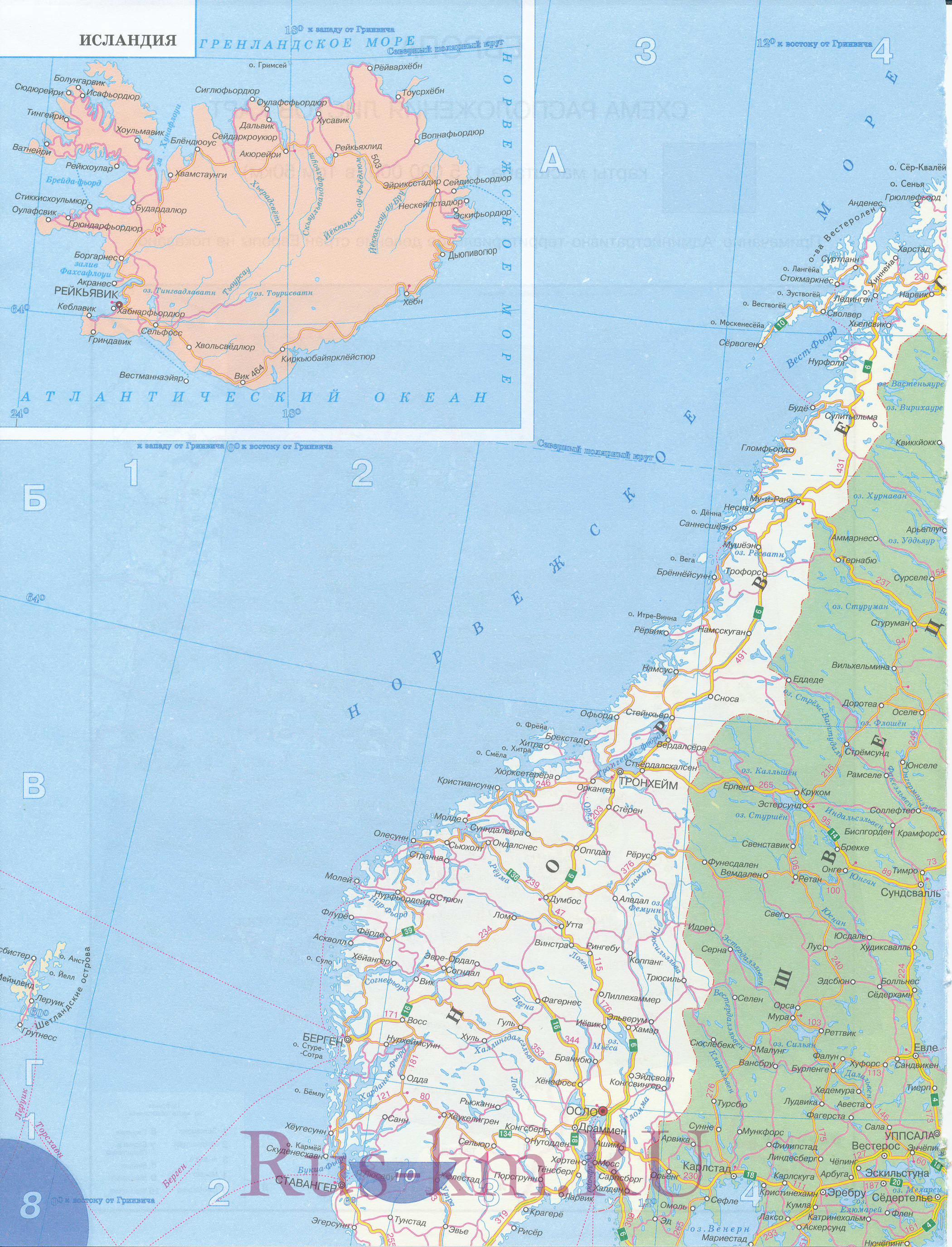 Карта дорог северной Европы. Подробная карта автодорог Северной Европы на русском языке - Норвегия, Швеция, Финляндия, Исландия, A0 - 