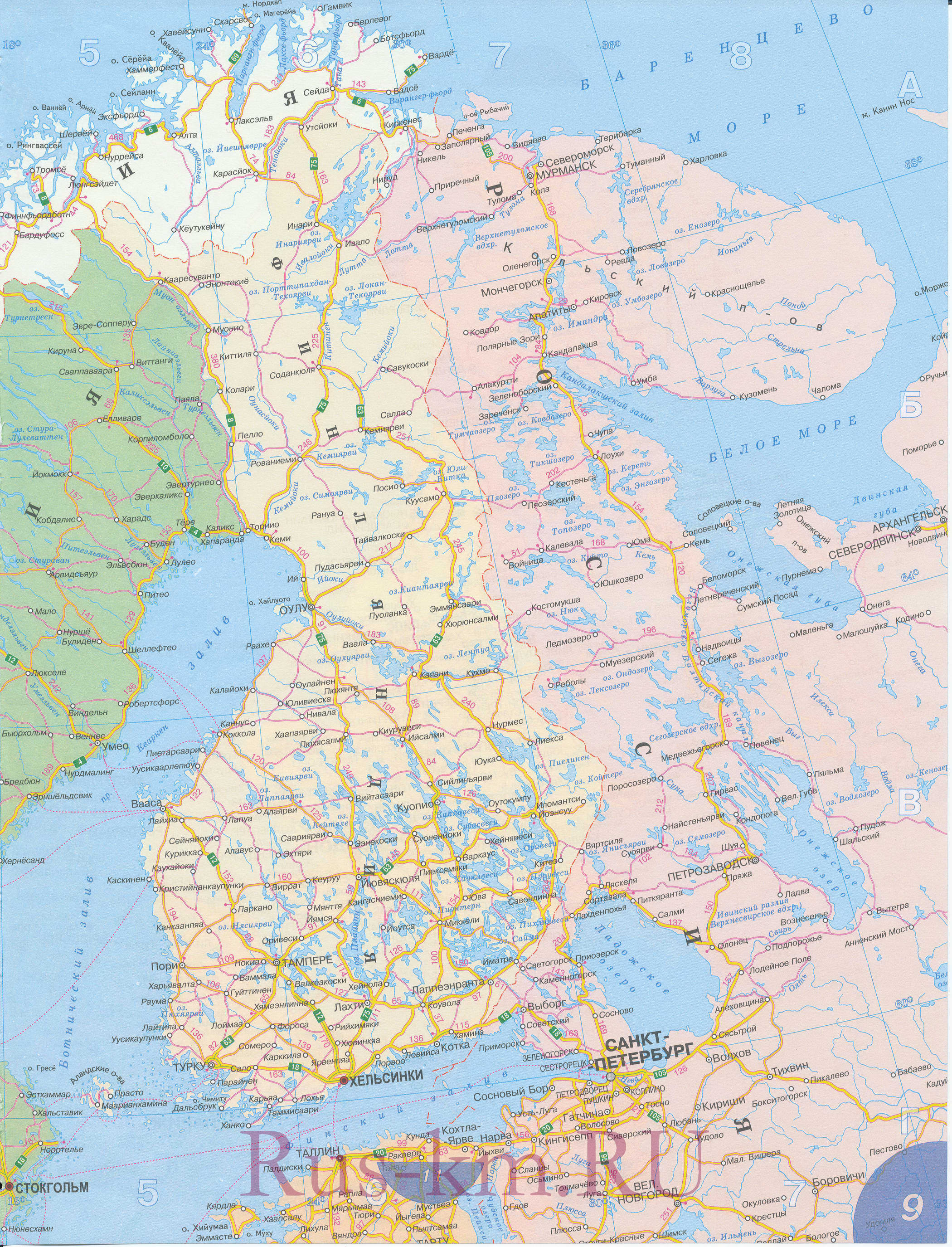 Карта дорог северной Европы. Подробная карта автодорог Северной Европы на русском языке - Норвегия, Швеция, Финляндия, Исландия, B0 - 